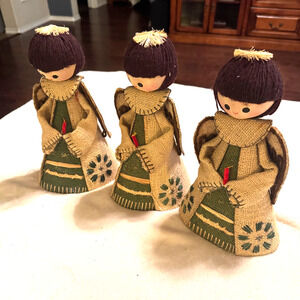 Lot of 3 Vintage 1960's Burlap Cardboard Angels Christmas Taiwan Folk Art Cute